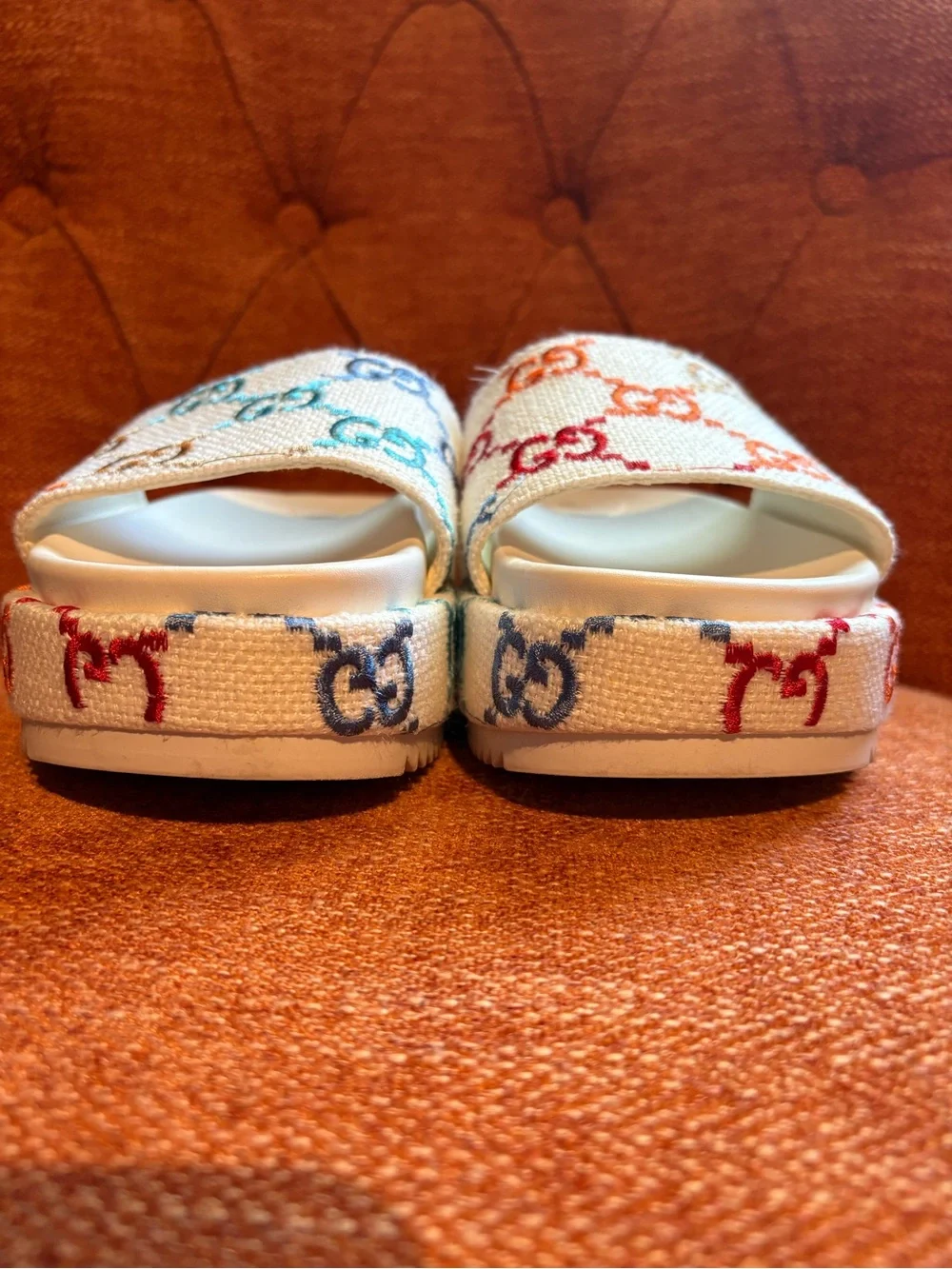 Gucci Angelina Multicolor GG Logo Platform Slides Sandals